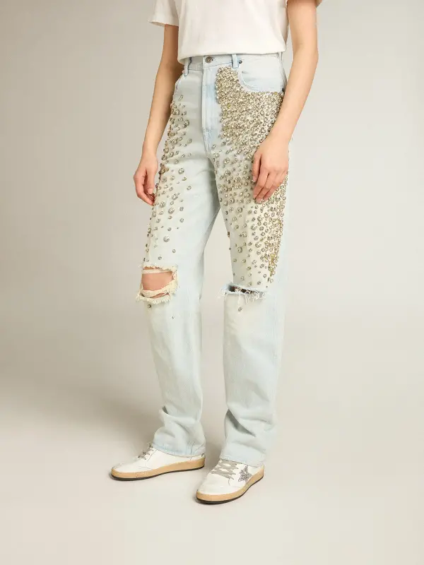 Women’s bleached jeans with cabochon crystals online