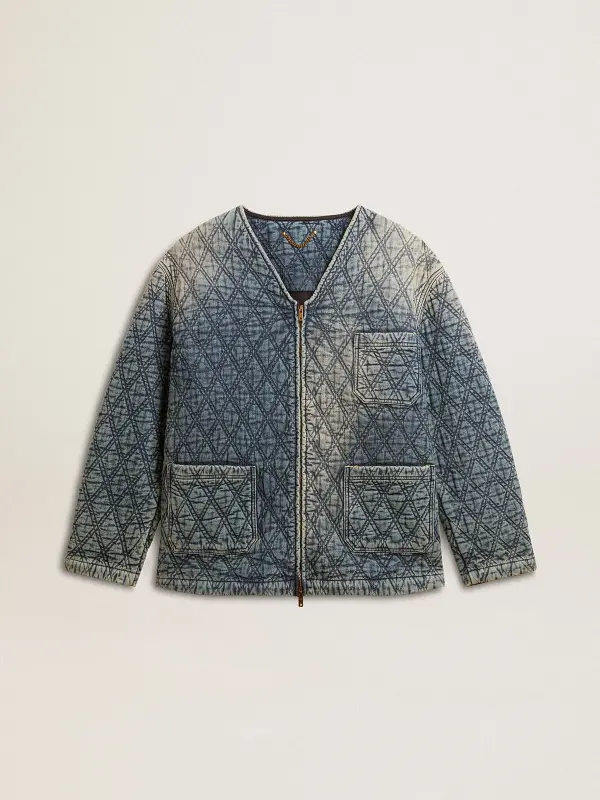 Women’s blue quilted jacket in cotton denim with distressed finish online