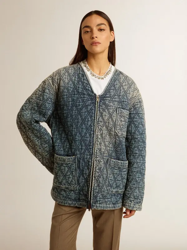 Women’s blue quilted jacket in cotton denim with distressed finish online