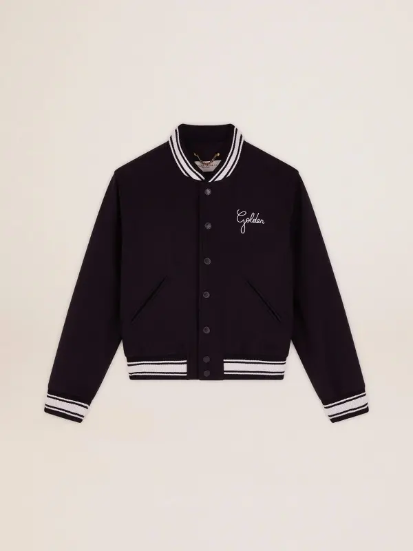 Women’s bomber jacket in dark blue wool with white details online