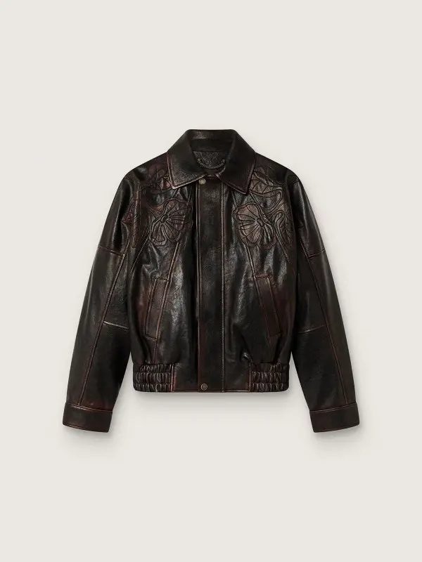 Women’s bomber jacket in dark burgundy nappa leather with floral embroidery online