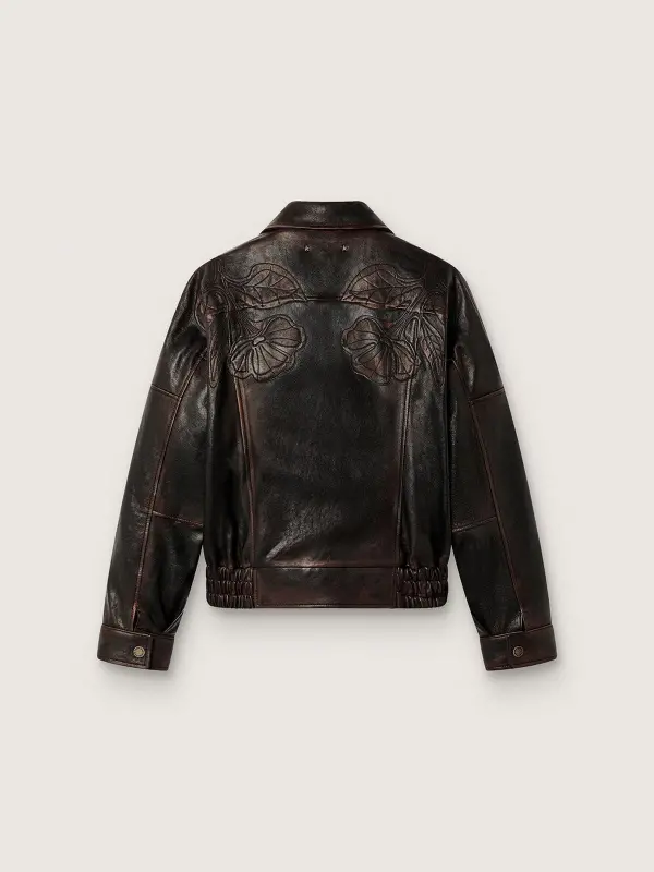 Women’s bomber jacket in dark burgundy nappa leather with floral embroidery online