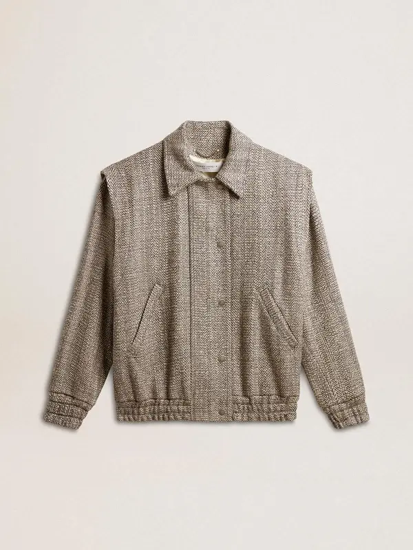 Women’s bomber jacket in ecru brown herringbone wool online