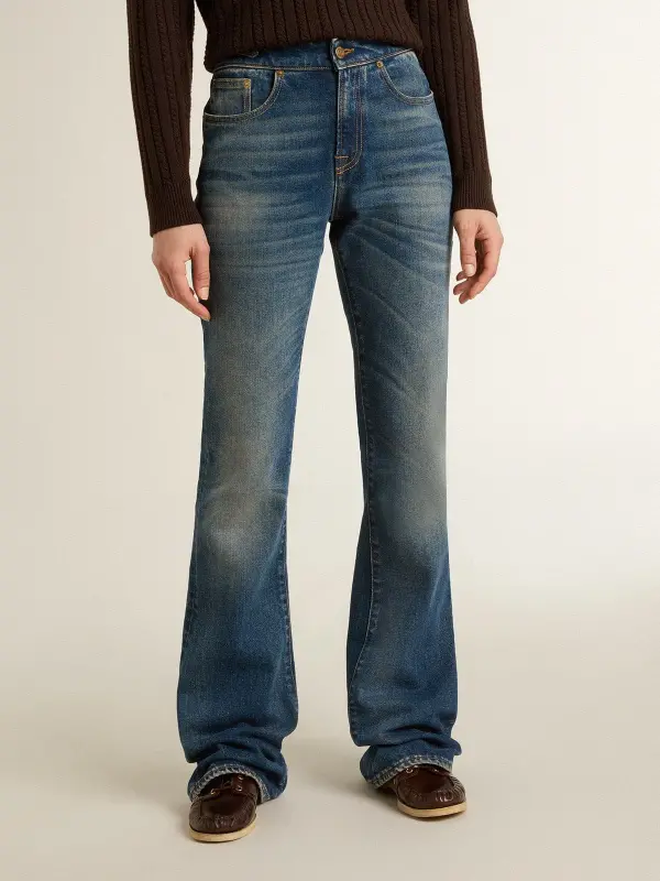 Women’s bootcut jeans with a vintage wash and metallic details online