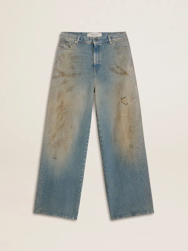 Women’s boyfriend jeans with a lived-in effect sand wash and studs online
