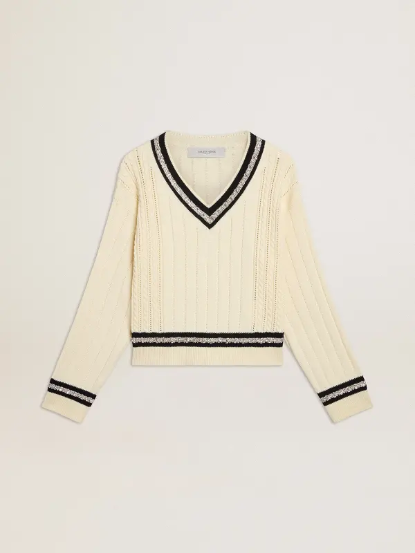 Women’s cable-pattern cropped sweater with blue ribbing and crystals online