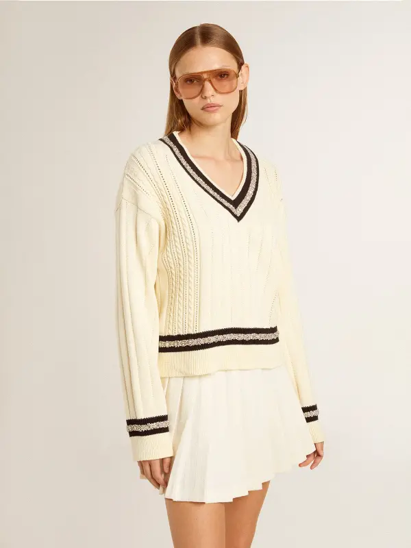 Women’s cable-pattern cropped sweater with blue ribbing and crystals online