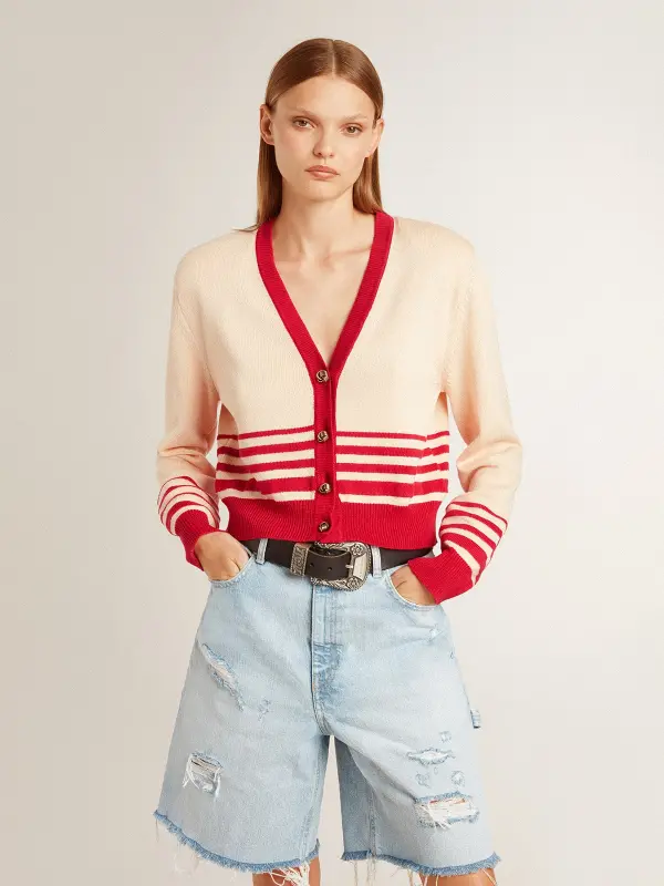 Women’s cardigan in cream with red stripes online
