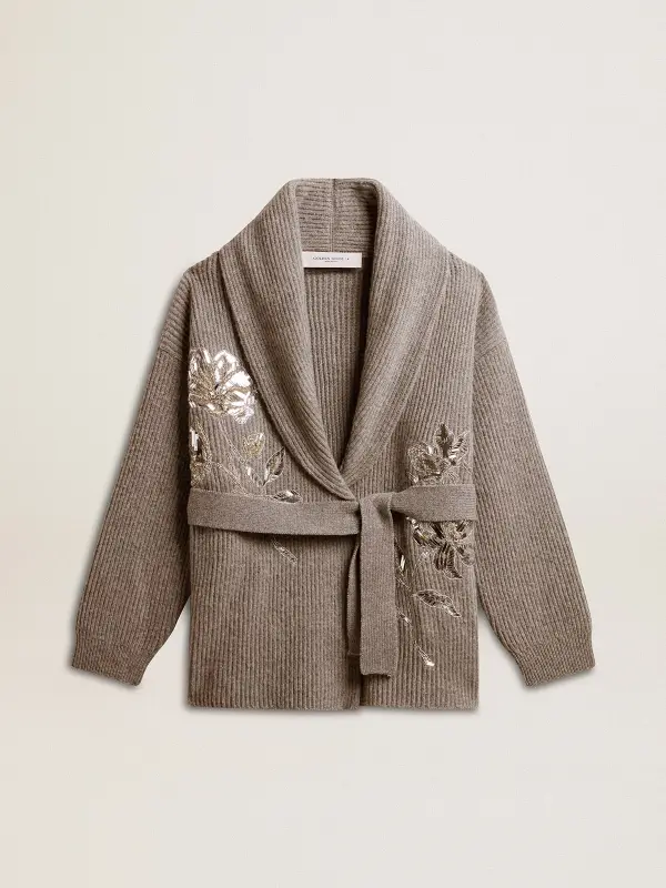 Women’s cardigan in gray melange wool with embroidery on the front online