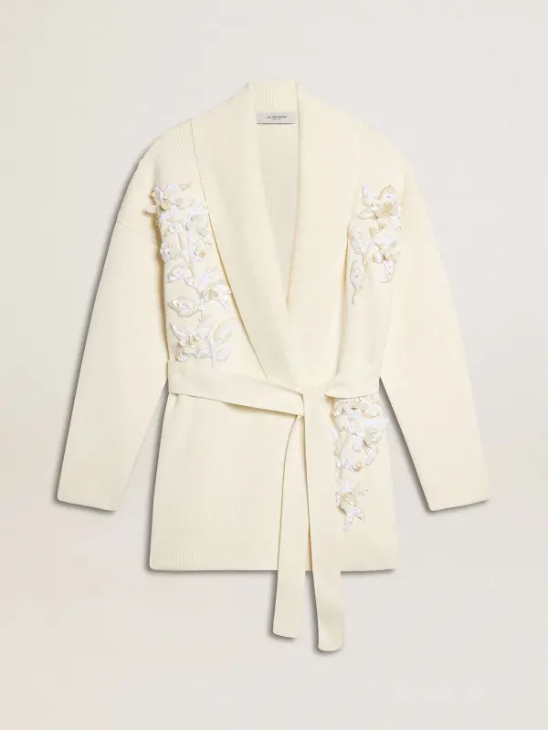 Women’s cream-colored cotton cardigan with floral embroidery online