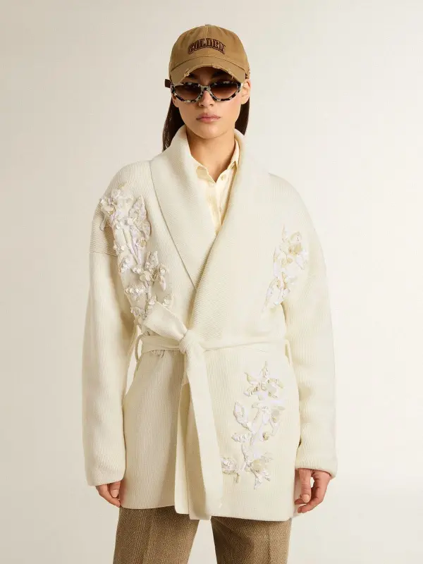 Women’s cream-colored cotton cardigan with floral embroidery online