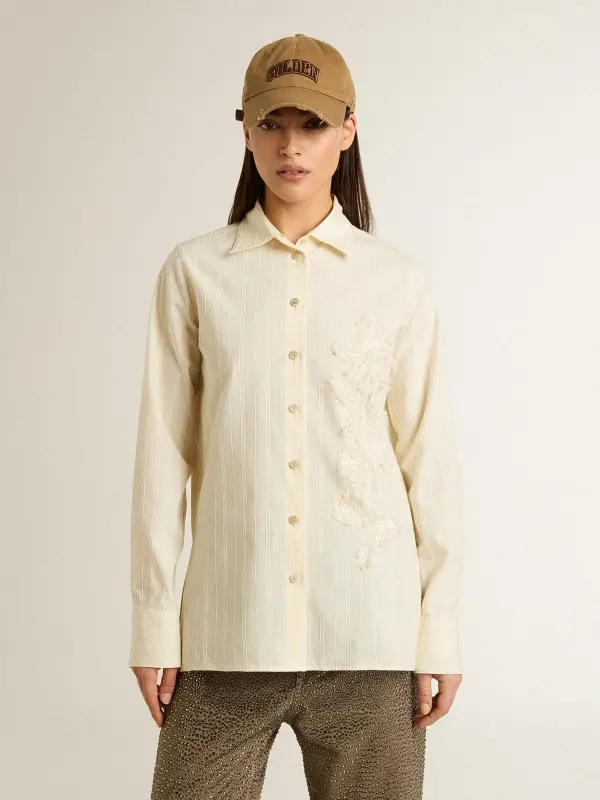 Women’s cream-colored cotton shirt with floral embroidery online