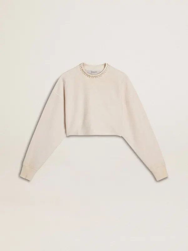 Women’s cream cotton cropped sweatshirt with crystals on the front online