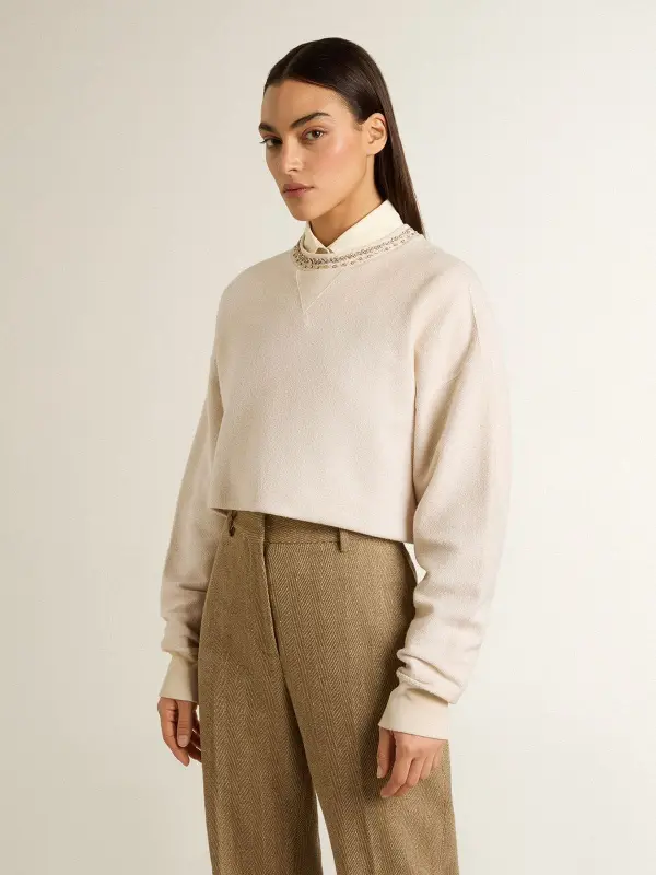 Women’s cream cotton cropped sweatshirt with crystals on the front online