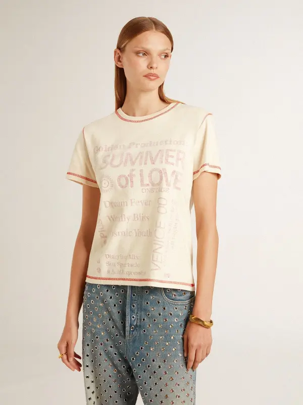 Women’s cream T-shirt with faded red accents online