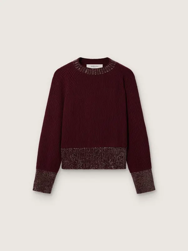 Women’s crew-neck sweater in burgundy wool with rhinestone embroidery online
