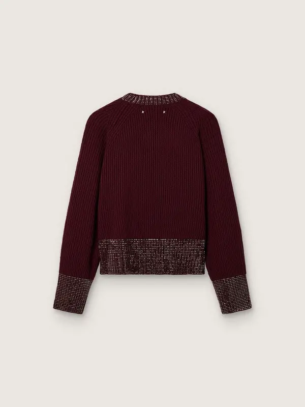 Women’s crew-neck sweater in burgundy wool with rhinestone embroidery online