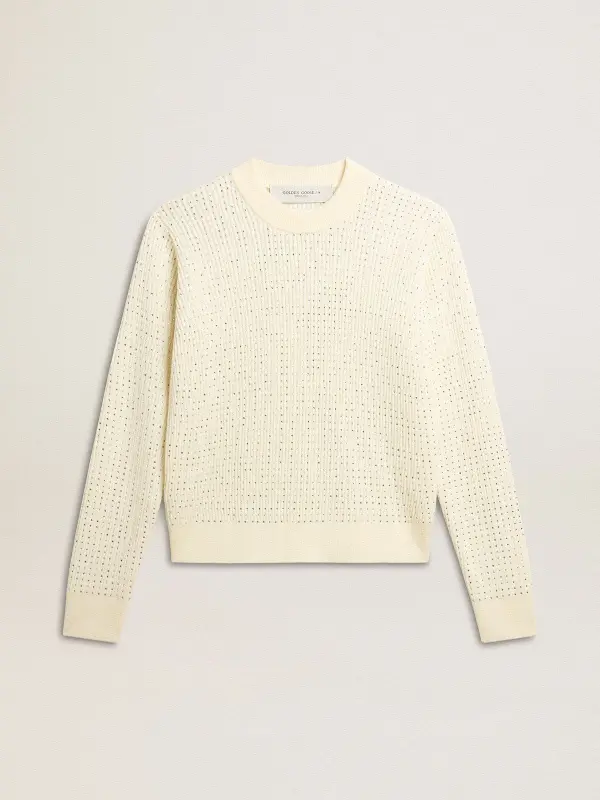 Women’s crew-neck sweater in white merino wool with all-over crystals online