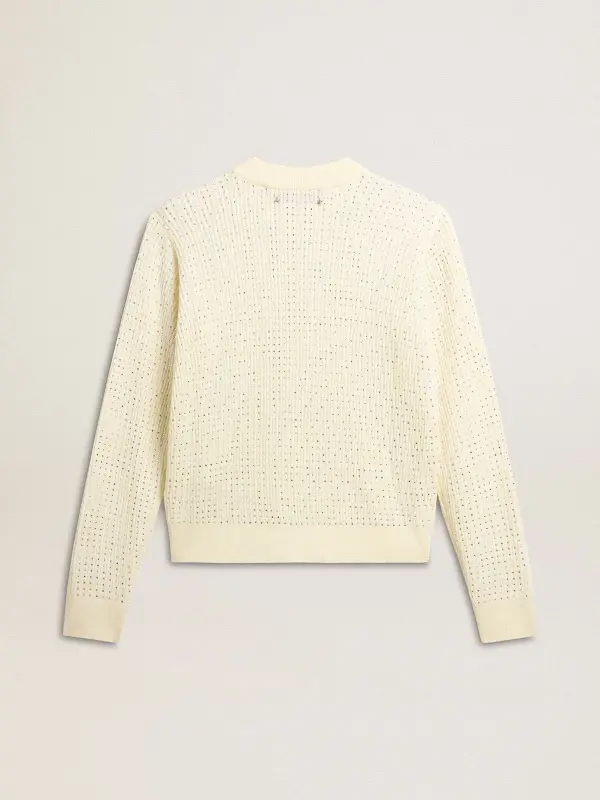 Women’s crew-neck sweater in white merino wool with all-over crystals online