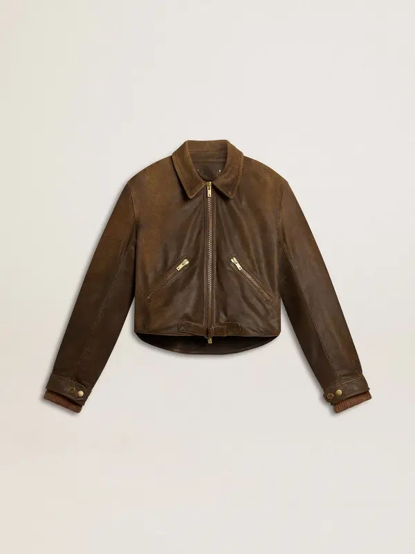 Women’s cropped brown leather biker jacket with zip online