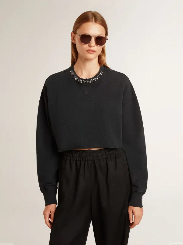 Women’s cropped cotton sweatshirt with crystals on the front online
