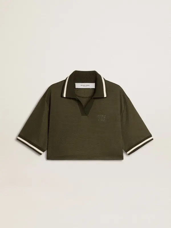 Women’s cropped polo in military-green jersey with embroidery online