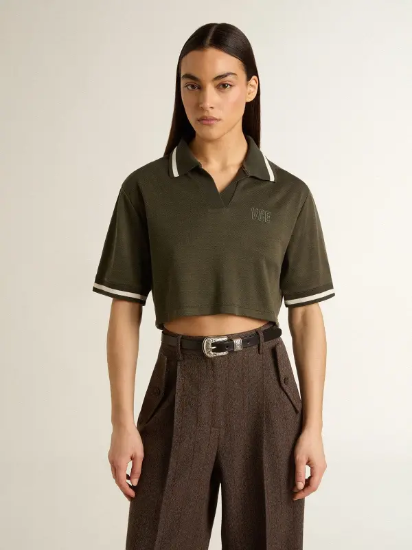Women’s cropped polo in military-green jersey with embroidery online