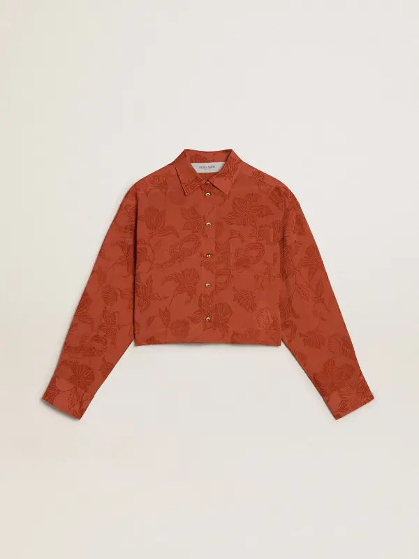 Women’s cropped shirt in brick red jacquard with wide sleeves online
