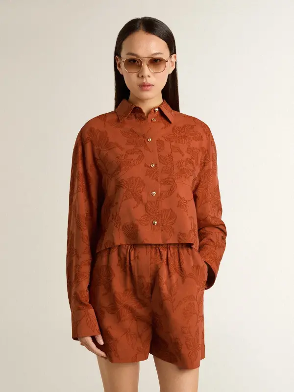 Women’s cropped shirt in brick red jacquard with wide sleeves online