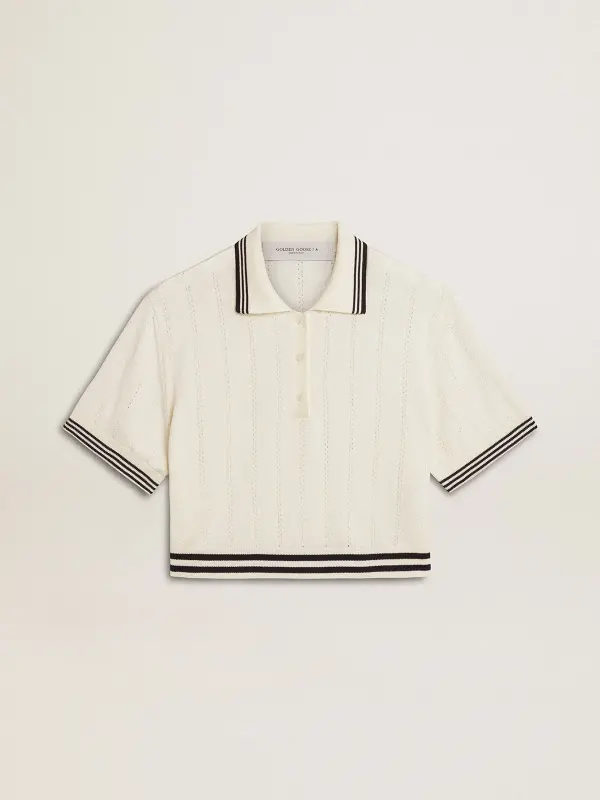 Women’s cropped worn-white cotton polo shirt with blue ribbing online