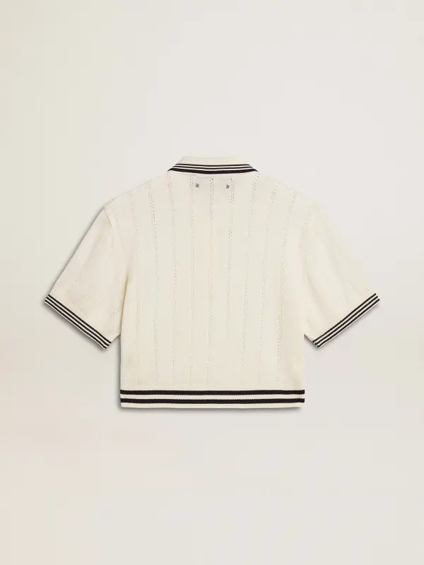 Women’s cropped worn-white cotton polo shirt with blue ribbing online