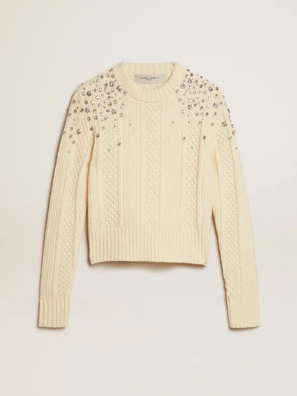 Women’s cropped worn-white sweater with decorative crystals online