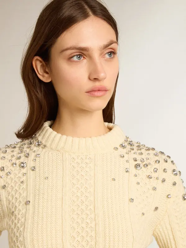 Women’s cropped worn-white sweater with decorative crystals online