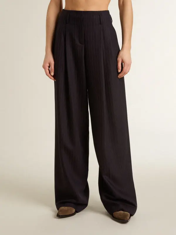 Women’s dark blue tailored trousers with vertical stripe online