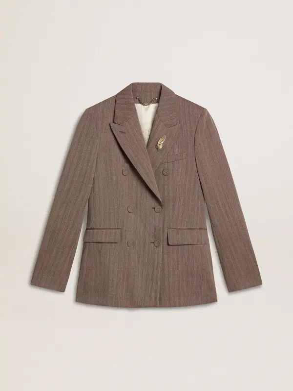 Women’s double-breasted blazer in beige chevron wool blend online