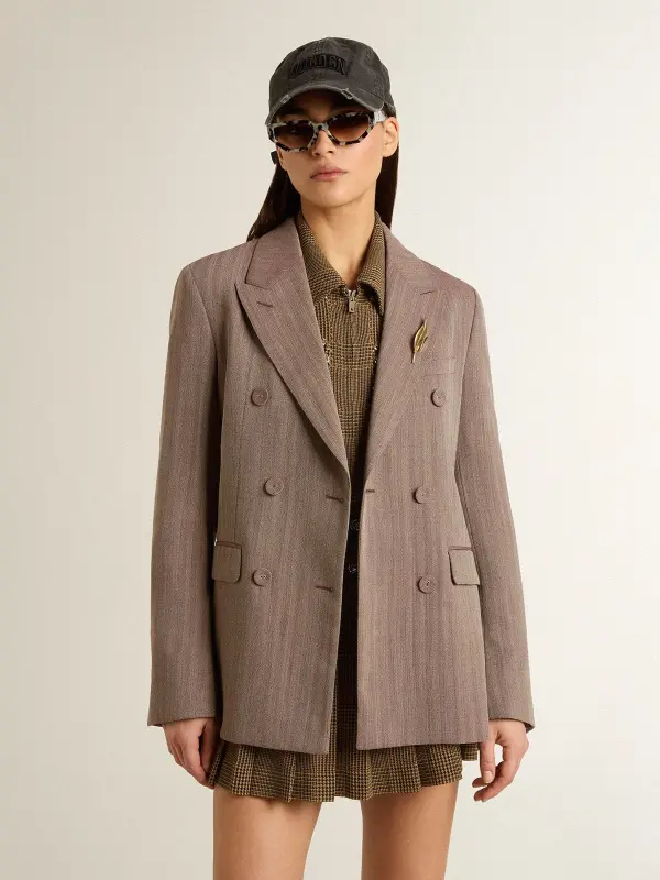 Women’s double-breasted blazer in beige chevron wool blend online