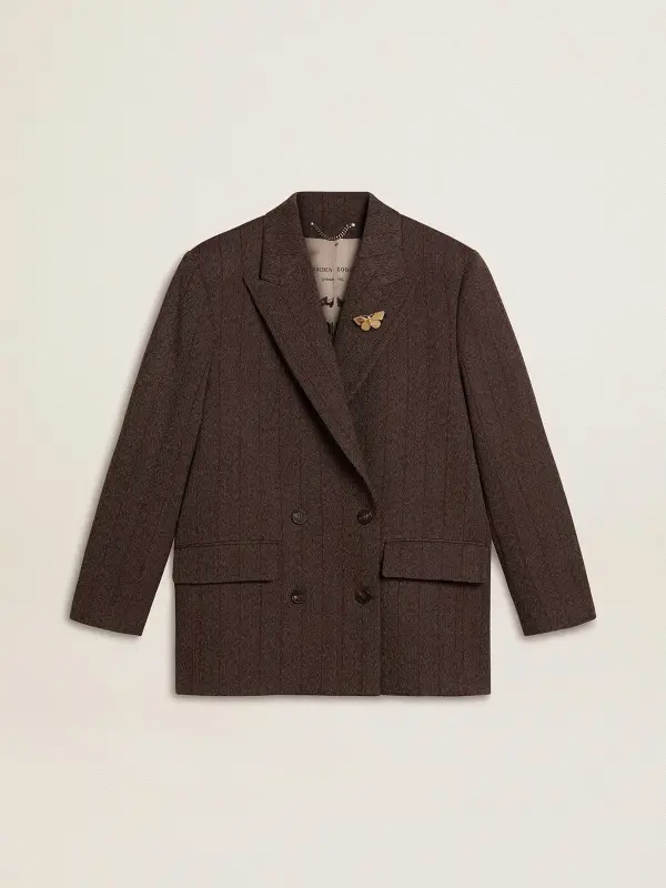 Women’s double-breasted blazer in dark brown wool with thin stripe pattern online