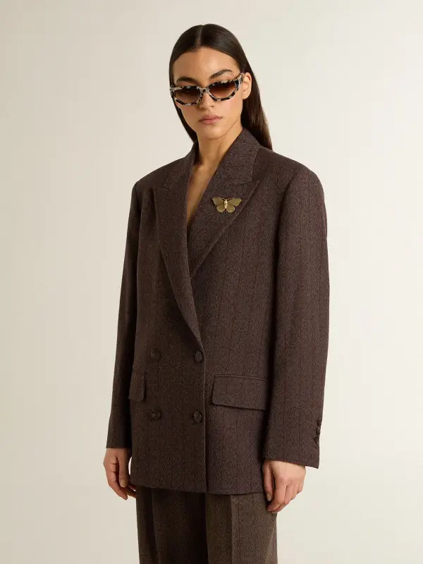 Women’s double-breasted blazer in dark brown wool with thin stripe pattern online