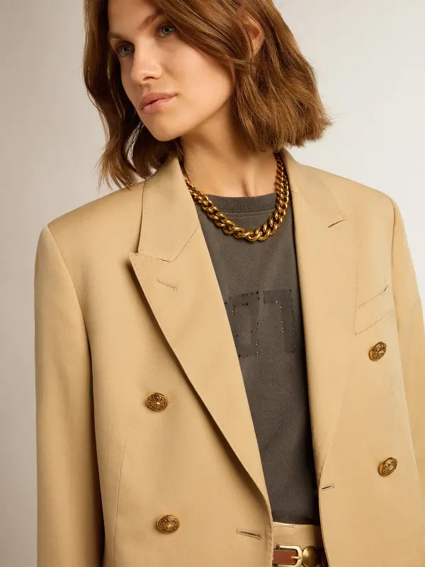 Women’s double-breasted blazer in sand with gold heraldic buttons online