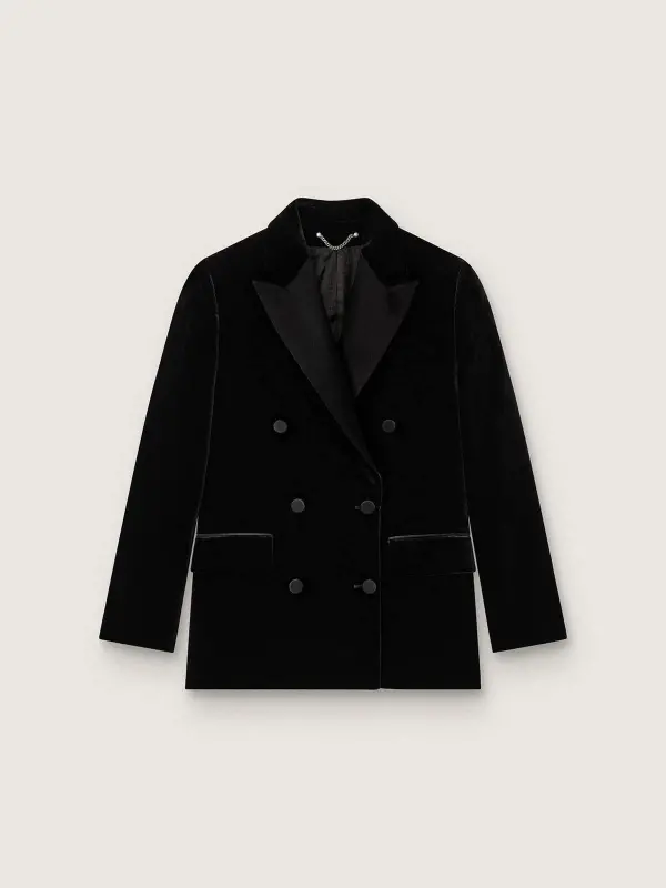 Women’s double-breasted jacket in black velvet with black satin lapels online