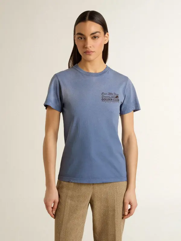 Women’s faded light blue T-shirt with print on the chest online