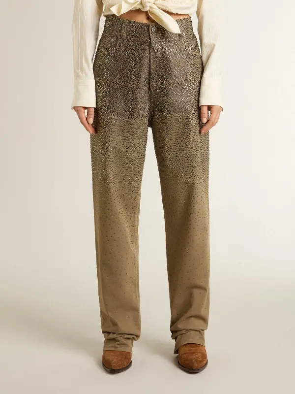 Women’s khaki cotton pants with gradient Swarovski effect online