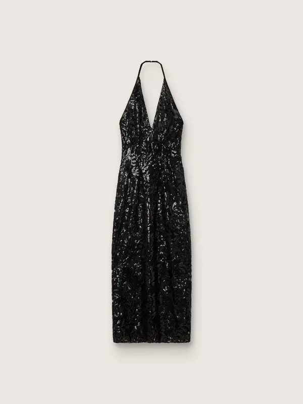 Women’s long dress in tulle with floral embroidery in black sequins online