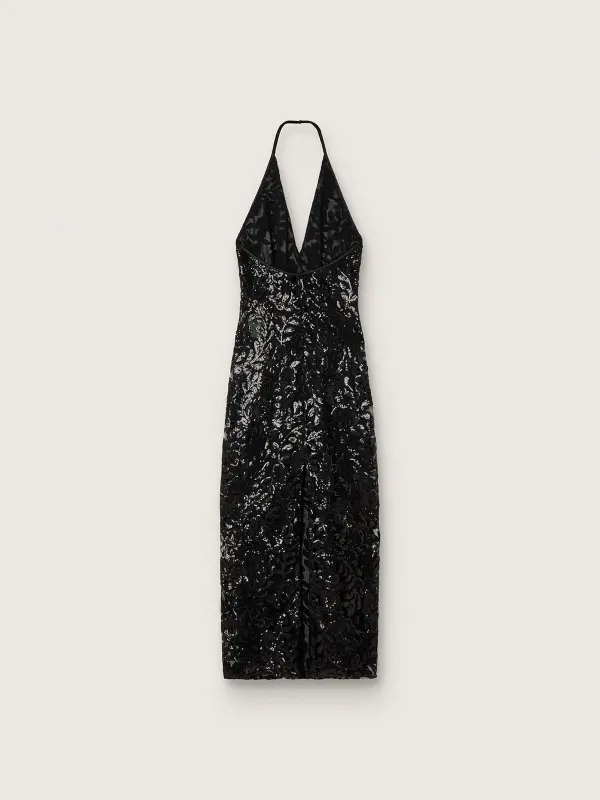 Women’s long dress in tulle with floral embroidery in black sequins online