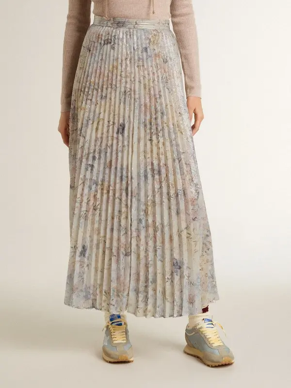 Women’s long pleated skirt with multicolor floral sequin print online
