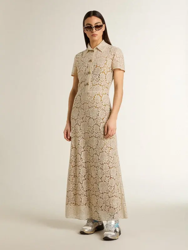 Women’s midi dress in cream-colored see-through lace online