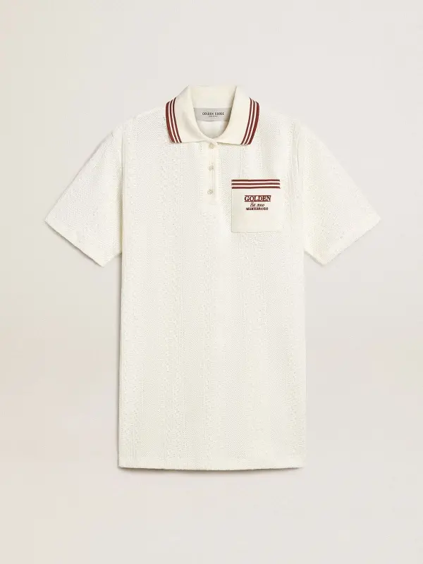 Women’s Oasis polo dress in white perforated jersey with burgundy stripes online