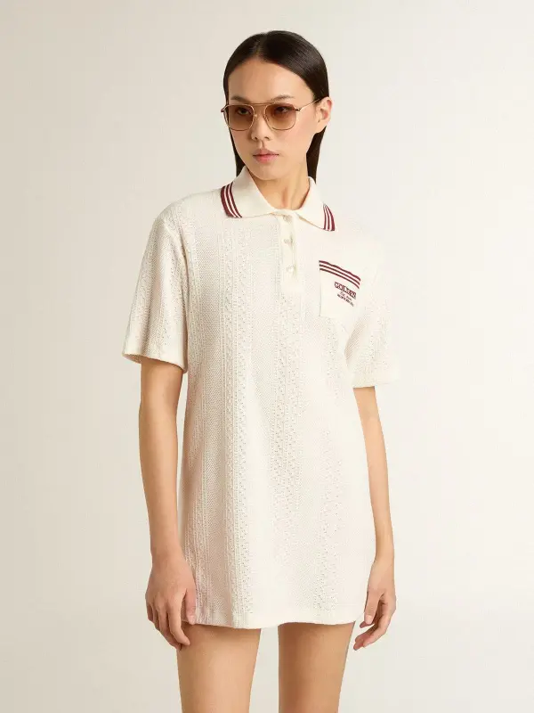 Women’s Oasis polo dress in white perforated jersey with burgundy stripes online