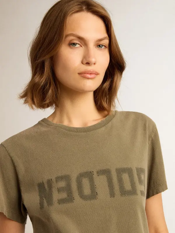 Women’s olive green T-shirt with Golden lettering online