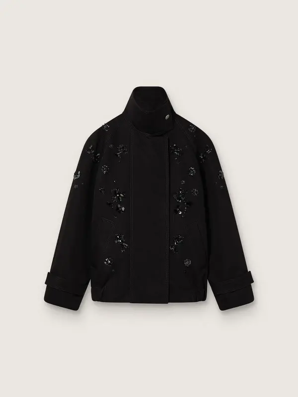 Women’s oversized jacket in black cotton twill with floral sequin embroidery online